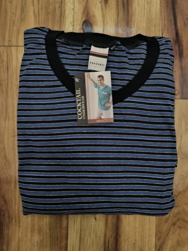 Rövid nagyméretű környakú pamut pizsama - Kék-Szürke-csíkos - 5XL